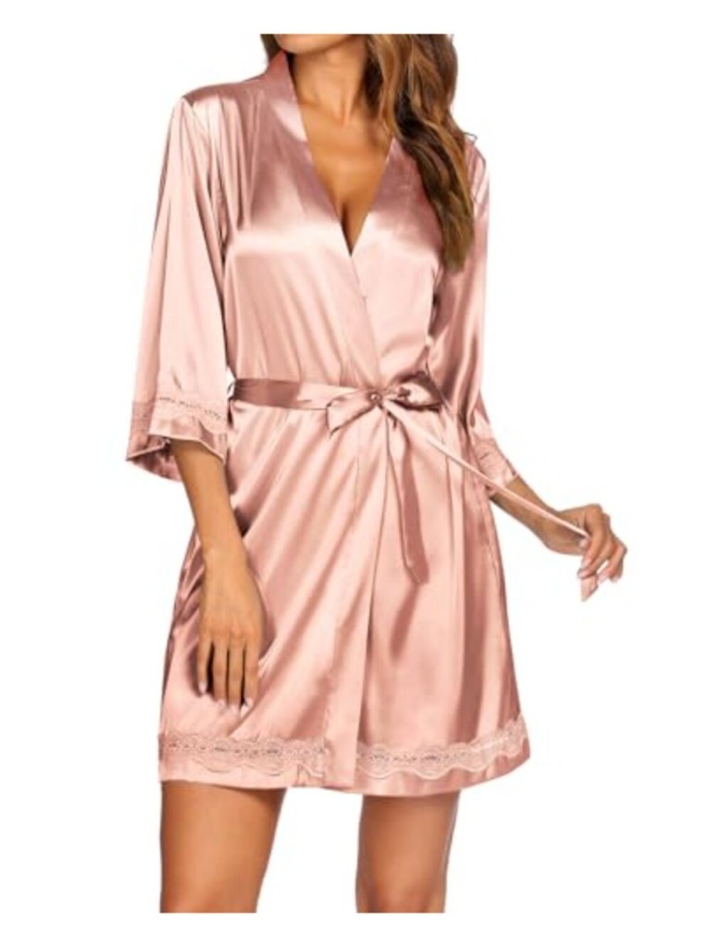 Ekouaer Satin Lace Trim Kimono Robe Short Bridal Party Bathrobe